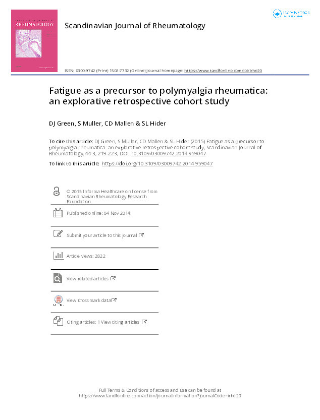 Fatigue as a precursor to polymyalgia rheumatica: an explorative retrospective cohort study. Thumbnail