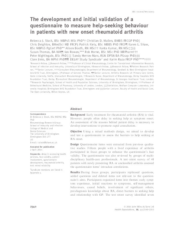 The development and initial validation of a questionnaire to measure help-seeking behaviour in patients with new onset rheumatoid arthritis Thumbnail