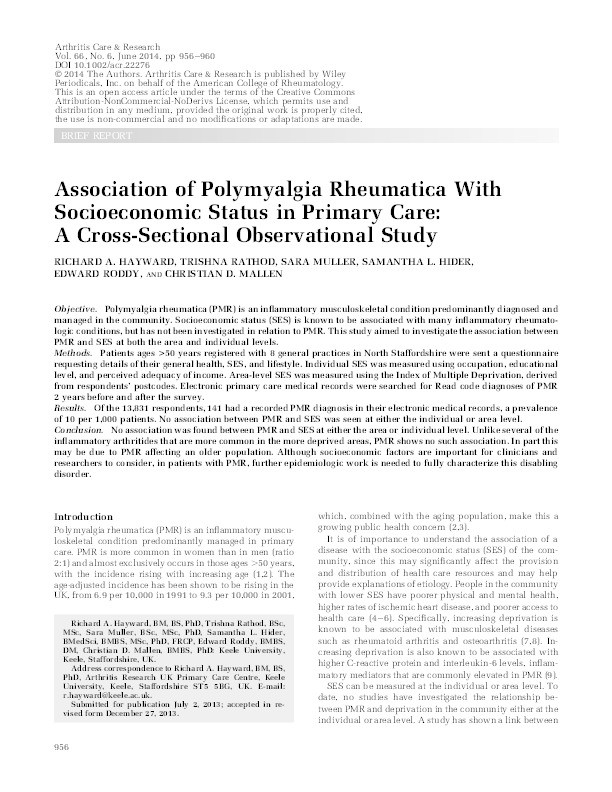 Association of polymyalgia rheumatica with socioeconomic status in primary care: a cross-sectional observational study. Thumbnail