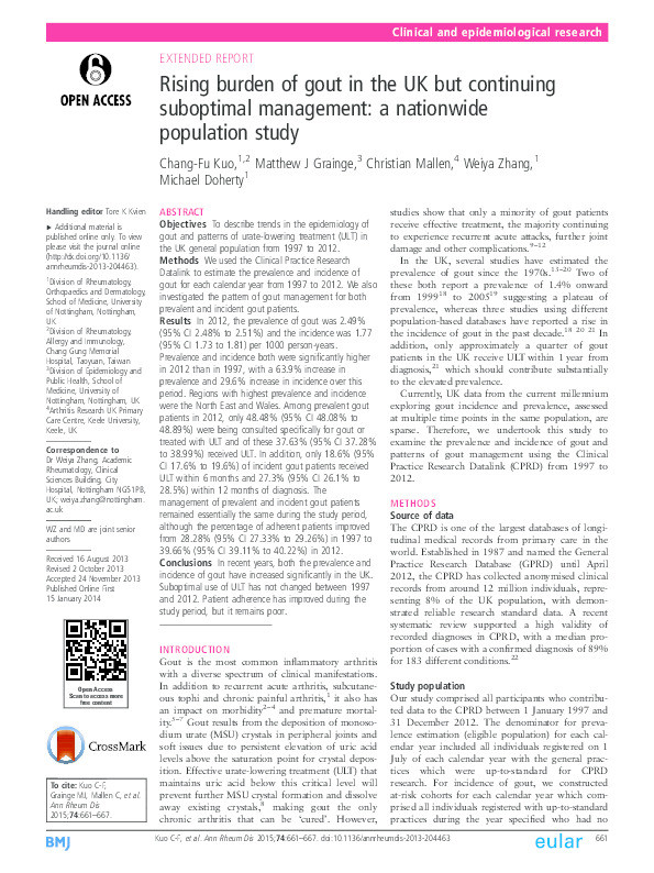 Rising burden of gout in the UK but continuing suboptimal management: a nationwide population study. Thumbnail
