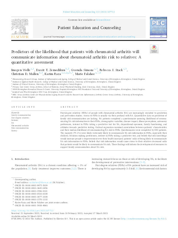 Predictors of the likelihood that patients with rheumatoid arthritis will communicate information about rheumatoid arthritis risk to relatives: A quantitative assessment. Thumbnail