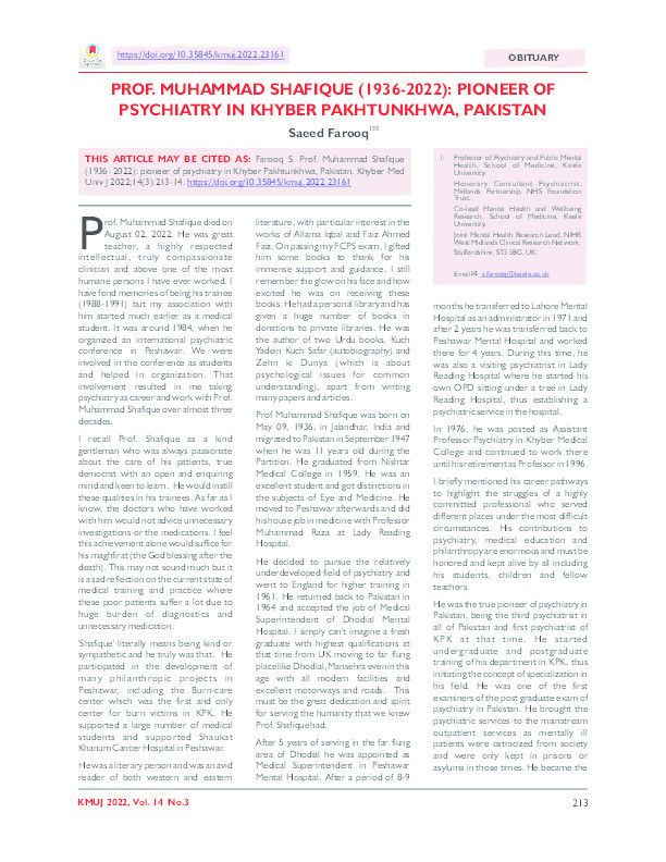 PROF. MUHAMMAD SHAFIQUE (1936-2022): PIONEER OF PSYCHIATRY IN KHYBER PAKHTUNKHWA, PAKISTAN Thumbnail