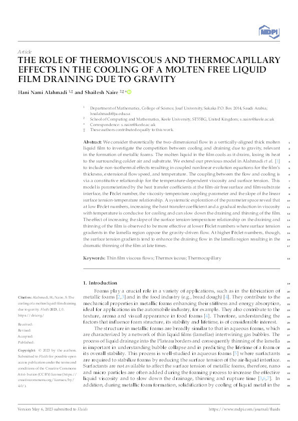 THE ROLE OF THERMOVISCOUS AND THERMOCAPILLARY EFFECTS IN THE COOLING OF A MOLTEN FREE LIQUID FILM DRAINING DUE TO GRAVITY Thumbnail