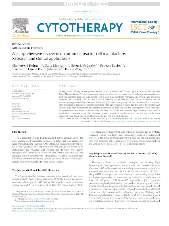 A comprehensive review of quantum bioreactor cell manufacture: Research and clinical applications Thumbnail