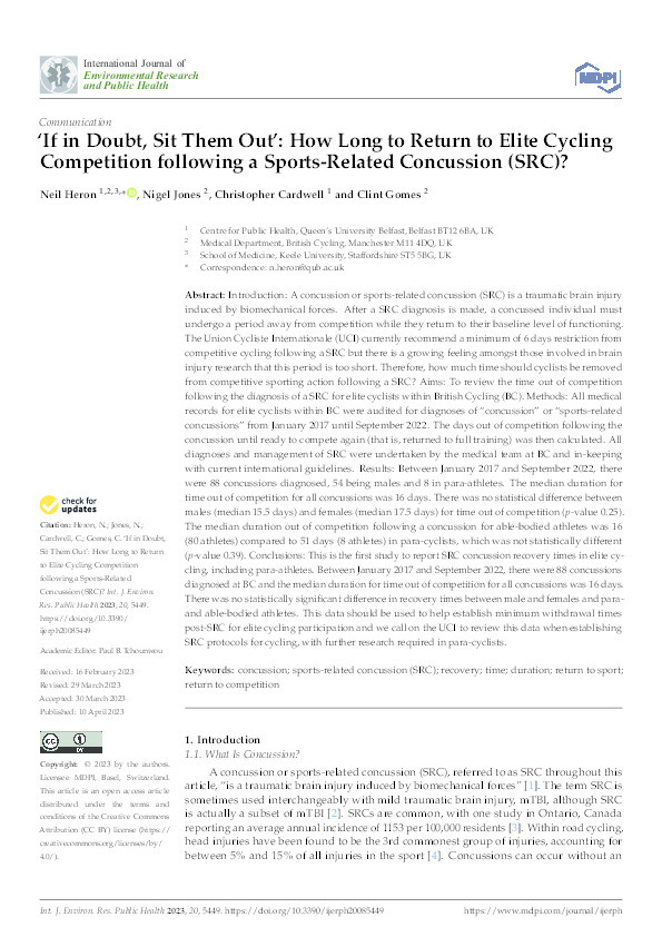 'If in Doubt, Sit Them Out': How Long to Return to Elite Cycling Competition following a Sports-Related Concussion (SRC)? Thumbnail