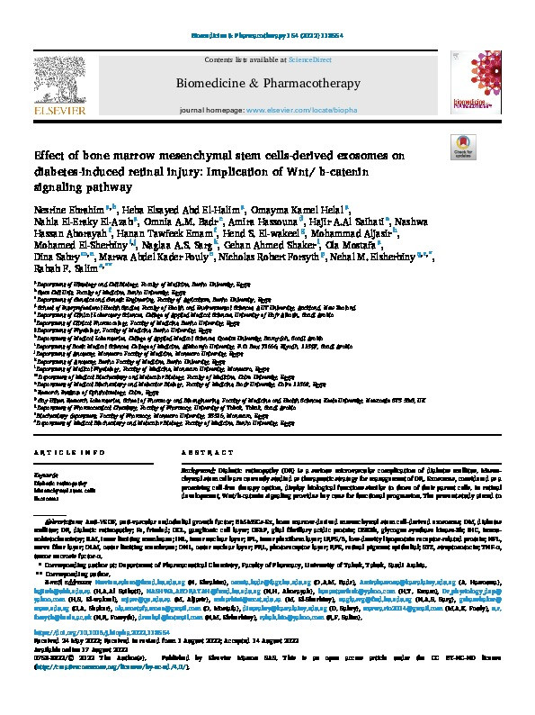 Effect of bone marrow mesenchymal stem cells-derived exosomes on diabetes-induced retinal injury: Implication of Wnt/ b-catenin signaling pathway. Thumbnail