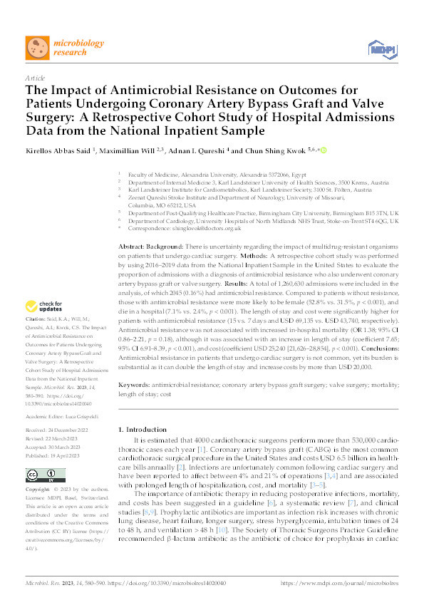 The Impact of Antimicrobial Resistance on Outcomes for Patients Undergoing Coronary Artery Bypass Graft and Valve Surgery: A Retrospective Cohort Study of Hospital Admissions Data from the National Inpatient Sample Thumbnail