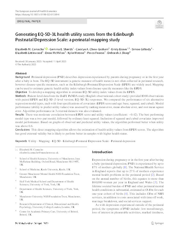 Generating EQ-5D-3L health utility scores from the Edinburgh Postnatal Depression Scale: a perinatal mapping study Thumbnail