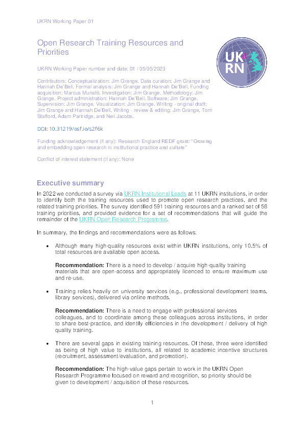 UKRN Open Research Training Resources and Priorities Working Paper Thumbnail