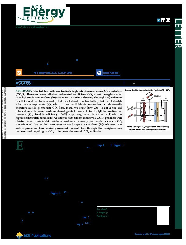 Acidic Electroreduction of CO<sub>2</sub> to Multi-Carbon Products with CO<sub>2</sub> Recovery and Recycling from Carbonate Thumbnail