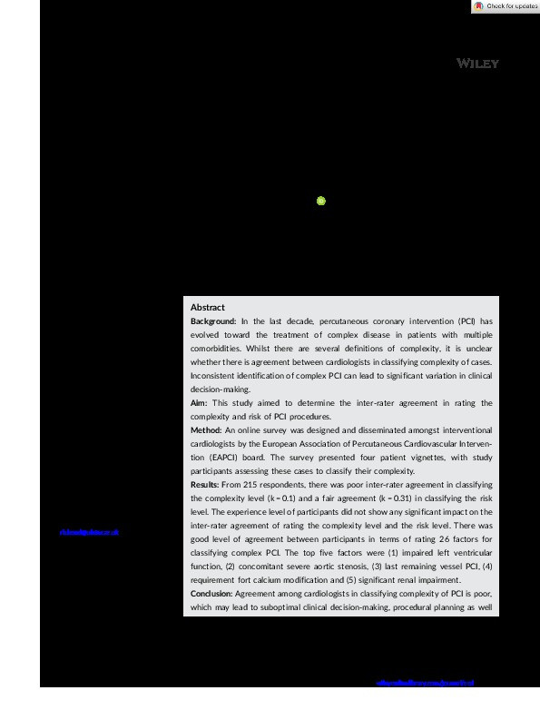 What do we mean by complex percutaneous coronary intervention? An assessment of agreement amongst interventional cardiologists for defining complexity Thumbnail