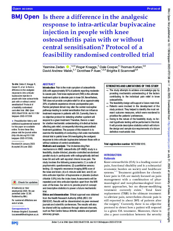 Is there a difference in the analgesic response to intra-articular bupivacaine injection in people with knee osteoarthritis pain with or without central sensitisation? Protocol of a feasibility randomised controlled trial Thumbnail