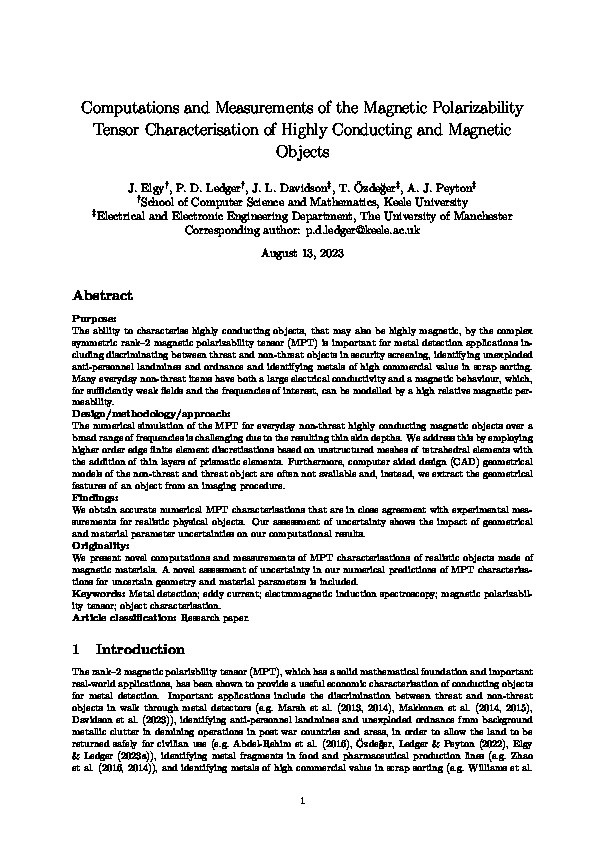 Computations and Measurements of the Magnetic Polarizability Tensor Characterisation of Highly Conducting and Magnetic Objects Thumbnail