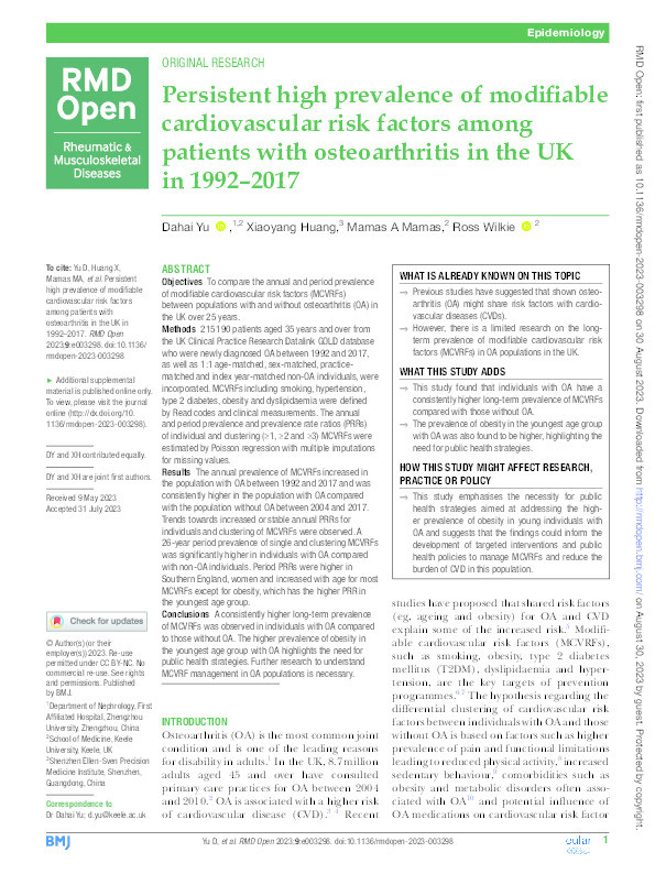 Persistent high prevalence of modifiable cardiovascular risk factors among patients with osteoarthritis in the UK in 1992–2017 Thumbnail