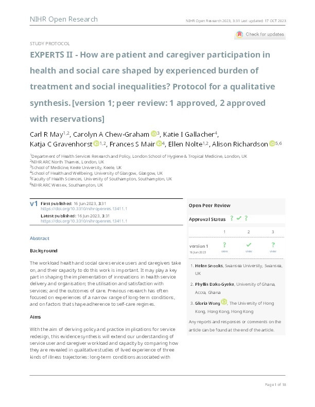 EXPERTS II - How are patient and caregiver participation in health and social care shaped by experienced burden of treatment and social inequalities? Protocol for a qualitative synthesis. Thumbnail