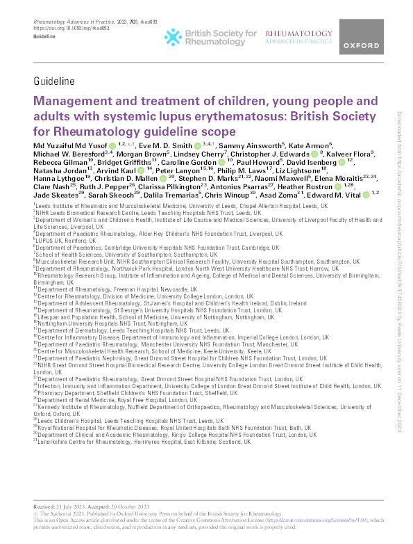 Management and treatment of children, young people and adults with systemic lupus erythematosus: British Society for Rheumatology guideline scope Thumbnail
