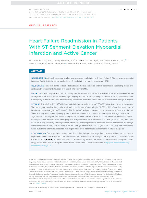 Heart Failure Readmission in Patients With ST-Segment Elevation Myocardial Infarction and Active Cancer Thumbnail