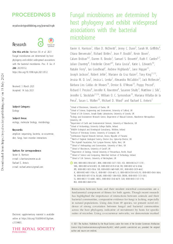 Fungal microbiomes are determined by host phylogeny and exhibit widespread associations with the bacterial microbiome Thumbnail