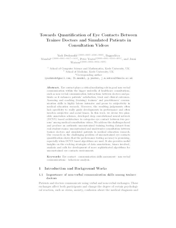 Towards Quantification of Eye Contacts Between Trainee Doctors and Simulated Patients in Consultation Videos Thumbnail