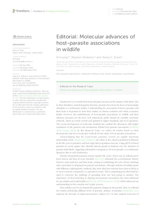 Editorial: Molecular advances of host-parasite associations in wildlife Thumbnail