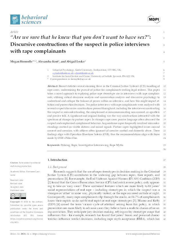 ‘Are We Sure That He Knew That You Don’t Want to Have Sex?’: Discursive Constructions of the Suspect in Police Interviews with Rape Complainants Thumbnail