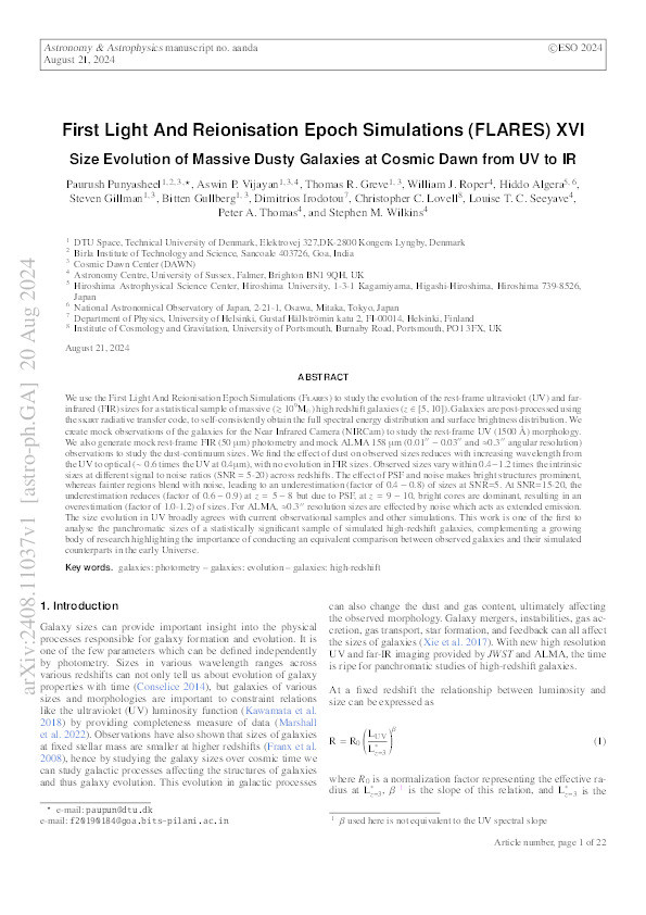 First Light And Reionisation Epoch Simulations (FLARES) XVI: Size Evolution of Massive Dusty Galaxies at Cosmic Dawn from UV to IR Thumbnail