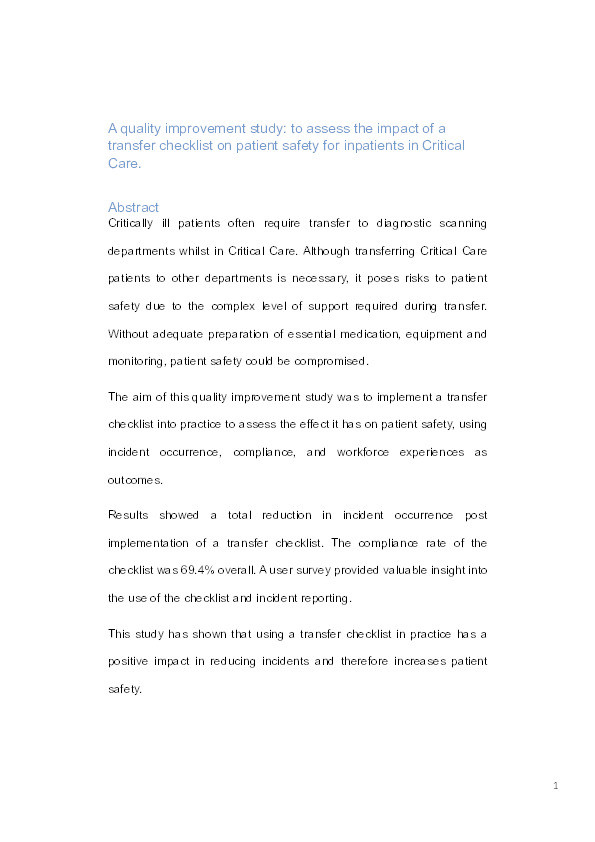 Patient safety during transfers from critical care: developing and assessing a checklist. Thumbnail