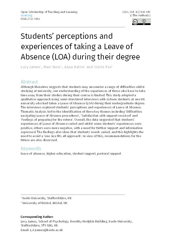 Students' perceptions and experiences of taking a Leave of Absence (LOA) during their degree Thumbnail