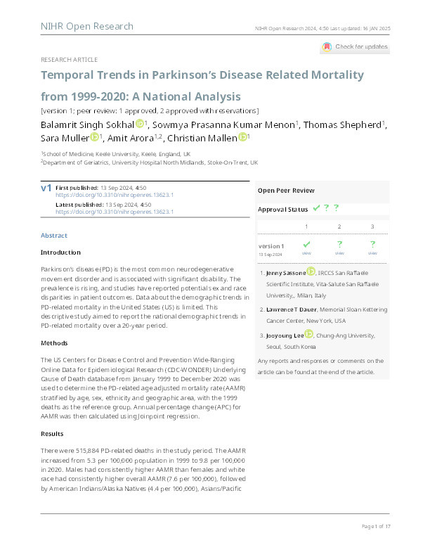 Temporal Trends in Parkinson's Disease Related Mortality from 1999-2020: A National Analysis. Thumbnail