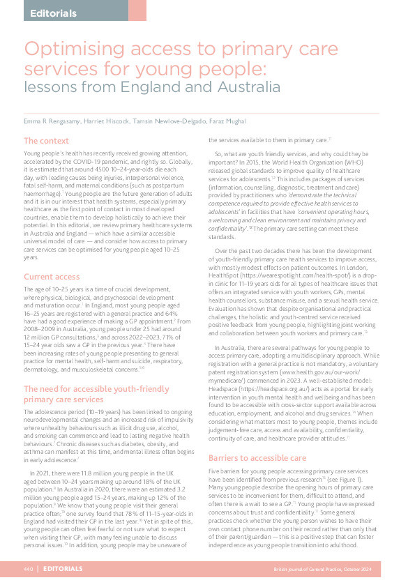 Optimising access to primary care services for young people: lessons from England and Australia Thumbnail