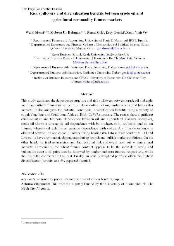 Risk spillovers and diversification benefits between crude oil and agricultural commodity futures markets Thumbnail