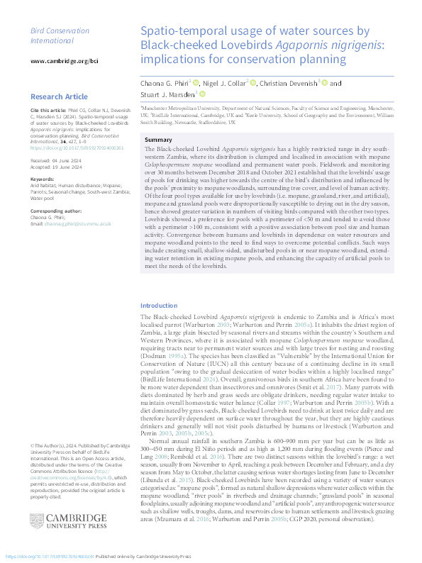 Spatio-temporal usage of water sources by Black-cheeked Lovebirds Agapornis nigrigenis: implications for conservation planning Thumbnail