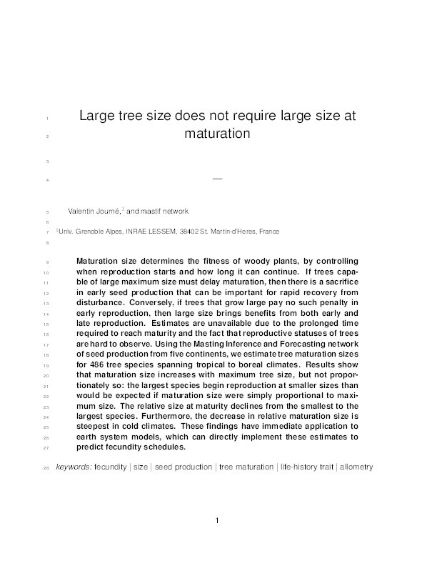 The Relationship Between Maturation Size and Maximum Tree Size From Tropical to Boreal Climates. Thumbnail