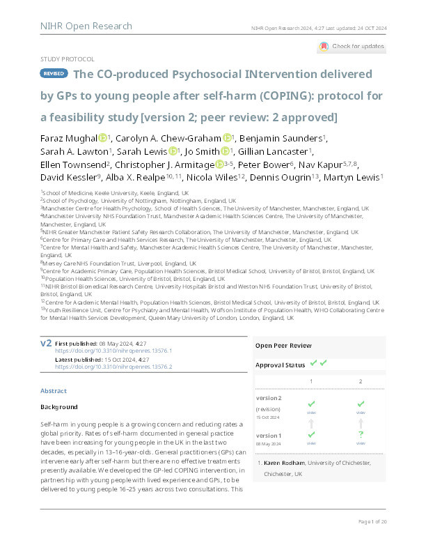 The CO-produced Psychosocial INtervention delivered by GPs to young people after self-harm (COPING): protocol for a feasibility study. Thumbnail