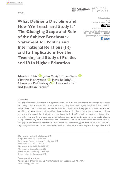 What Defines a Discipline and How We Teach and Study It? The Changing Scope and Role of the Subject Benchmark Statement for Politics and International Relations (IR) and Its Implications For the Teaching and Study of Politics and IR in Higher Education Thumbnail