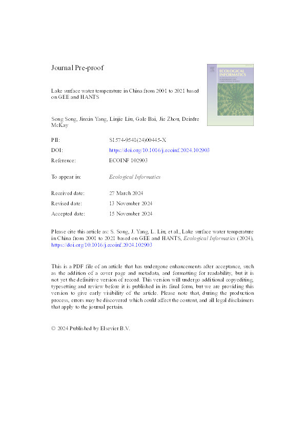 Lake surface water temperature in China from 2001 to 2021 based on GEE and HANTS Thumbnail